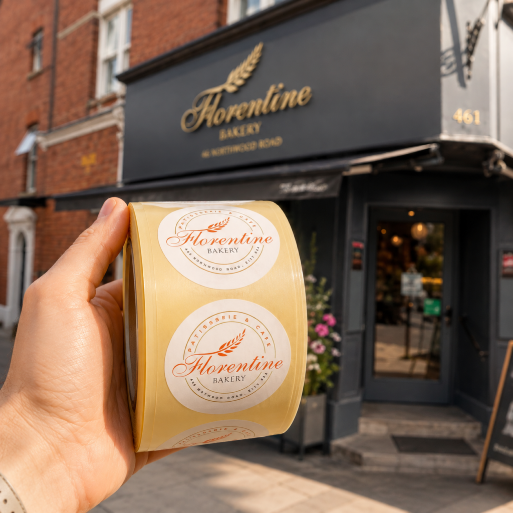 Florentine Bakery branded stickers outside the bakery