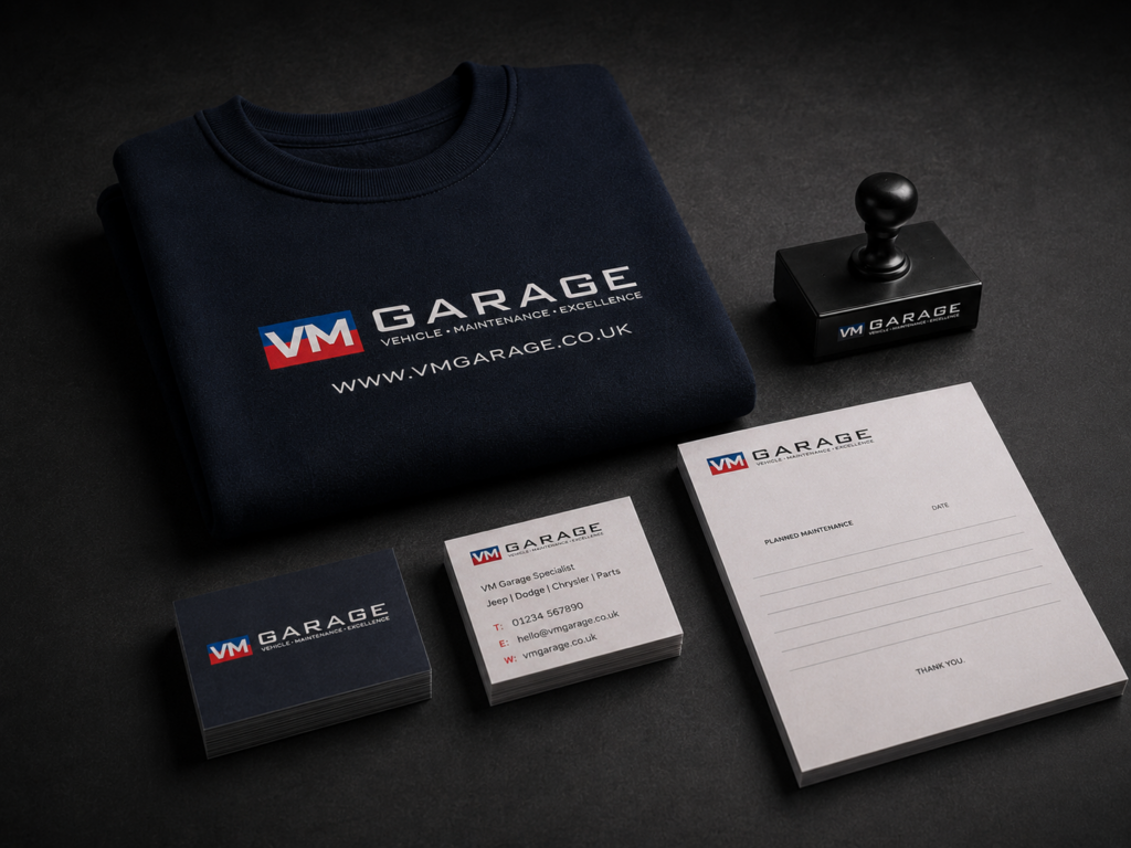VM Garage branded workwear, company stamp and stationery